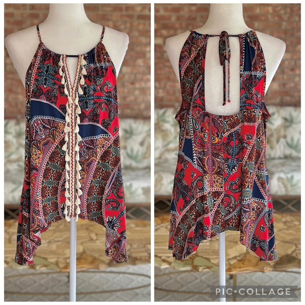 Venus Top Tassel Tie Hankerchief Hem Red Blue Paisley Sleeveless Open Back L
